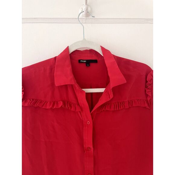 Womens Maje 100% Silk Red Callie Blouse Top Ruffle Long Sleeve Size 3 (Large) - Picture 6 of 9